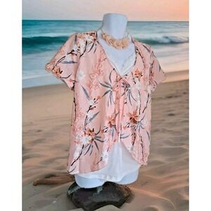 Just Fashion Now Popover Top XL Peach Floral Art Two-Fer Short Sleeve Tie Front